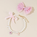 Handmade pink pearl pet necklace with sequin bow hairclip set for cats and dogs - S (15-20cm) / Pink Star Moon Heart Necklace + Hair Clip