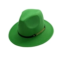 Close-up of bright green fedora hat with a black band and gold chain detail on white background - One Size / Grass Green