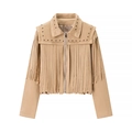 Women's camel bohemian tassel jacket with silver studs and western suede fringe style - S / Earthy Yellow