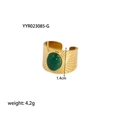 Macro shot of 1.4cm wide gold-plated steel ring featuring green stone and sunburst texture - Radiant Sunburst Style (YYR023085-G)