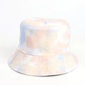 Detail of macaron tie-dye bucket hat featuring multi-colored print and reinforced stitching - Yellow Light Blue