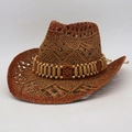 Chapeau de soleil en paille tissée brun-rouge style western avec perles en bois décoratives - Khaki Brun (Fleur de Bois Carrée)