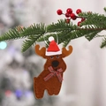 Christmas reindeer ornament with red hat and plaid bow hanging on a festive pine tree branch - Christmas Elk Pendant