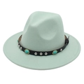 Close-up of mint green fedora hat with black leather band and turquoise studs - M (56-58cm) / Mint Green
