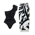 One-shoulder black ruffled swimsuit with a zebra print sarong wrap for a beach resort look - S / Set (Swimsuit + Sarong)