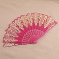 Pink folding hand fan with elegant gold lace patterns and decorative plastic frame - Rose Red