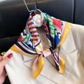 Multicolor geometric print silk scarf tied on a beige blazer collar for elegant styling - New Silk Scarf/small Square Scarf 10 / 65