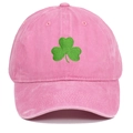Pink washed cotton baseball cap featuring green clover embroidery and casual vintage style - Pink