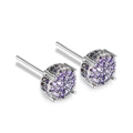 Macro view of four-prong round earrings with purple cubic zirconia micro-pave details - Silver Purple Zirconia