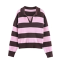 Polo en maille à rayures rose et marron avec manches longues et col en V décontracté - S / Rayé Rose et Café