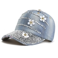 Light blue denim baseball cap with 3D daisies and silver rhinestones on white background - L (58-60cm) / Light Color