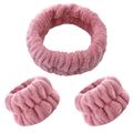 Set fascia e polsini in pile corallo rosa per la cura della pelle e lavaggio viso - Set da 3 pezzi rosa coreano (140#)