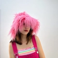 Furry bucket hat in pink faux sheepskin wool style for a trendy street fashion look - Rose Red