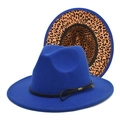 Royal blue fedora hat with leopard print brim and black braided band for men and women - M (56-58cm) / Sapphire Blue