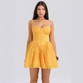 Leuchtend gelbes Spitzen-Minikleid mit Korsett-Oberteil, Trägern und ausgestelltem Rock - S / Orange