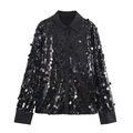 Elegant women's black sequin long sleeve shirt with a classic collar for evening parties - XS / Black