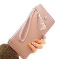 Pink lychee texture long wallet for women with wristlet and tassel zipper detail - Pink