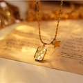 Elegant 18k gold plated checkered rectangular pendant necklace with star charm on bead chain - Gold Checkered Star