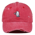 Detailed view of red washed cotton baseball cap with ghost embroidery and distressed holes - One Size / Watermelon red