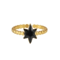 Detail of gold adjustable ring with black hexagram star and beaded texture on band - Black Hexagram (ZJ202)