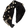 Serre-tête noué noir tendance avec perles blanches et pendentifs casque de football doré - Noir - Style Casque de Rugby