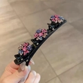 Handheld black duckbill hair clip with three colorful rhinestone flower small clips - Rainbow