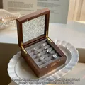 Black walnut wood jewelry box with embossed glass lid and ring slots, 11x11x5cm - Black Walnut White Flower Grey Ring Box