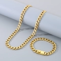 Golden Figaro chain jewelry set with necklace and buckle bracelet in stainless steel - Width 9.5mm Bracelet 21cm / Style A Gold