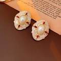 Vintage gold earrings with pink enamel, iridescent white stone and red accents - 12# Silver Pin-Beige