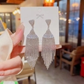 Sparkling silver tassel drop earrings with pavé rhinestones on white display card - E0437 Silver Needle (Full Diamond Geometric Long Tassel Silver)