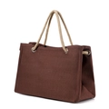 Brown canvas tote bag with beige braided rope handles and silver metal rings - Brown