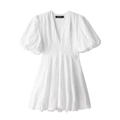 Abito bianco con scollo a V profondo, maniche a sbuffo e tessuto jacquard floreale - XS / Bianco