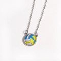 Macro view of volleyball pendant with blue, yellow, and white enamel on silver chain - Volleyball / White Gold