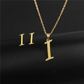 Detailed view of golden initial I pendant necklace and matching stud earrings set - Letter I / Gold