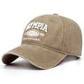 Detail of Olympia 1990 white 3D embroidery on washed khaki vintage cotton baseball cap - Khaki