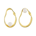 Minimalist S925 sterling silver oval hoop earrings with white pearls in golden finish - 925 Silver / 18K Gold