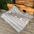 Bohemian geometric woven camping blanket with fringe on a wooden bench outdoors - XT2022-22 (Orange Cyan Bohemian) / 160*130CM