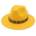 Detail of yellow wool fedora hat with bohemian studded leather band and shell accents - M (56-58cm) / Yellow