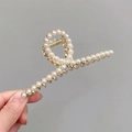 Elegant gold alloy wheat ear hair claw clip with inlaid white pearls for women - Classic Cross Pearl