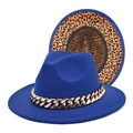 Close-up of royal blue wool fedora with gold chain and leopard print underbrim details - M (56-58cm) / Sapphire Blue