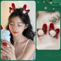 Red Christmas reindeer antler hair clips with plaid bows and white pom-poms accessory - 1# Christmas Clip-Red Antler Clip-Pair