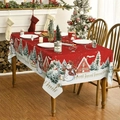 Red Christmas tablecloth featuring festive snowmen and pine trees pattern design - 20 / 152cm*220cm