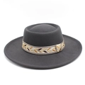 Detail of dark grey wool felt fedora featuring an ethnic patterned woven hat band - M (56-58cm) / Dark Gray