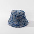 Close-up of gray fuzzy lamb wool bucket hat featuring blue abstract stripe patterns - M (56-58cm) / Blue