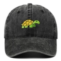 Vintage washed cotton baseball cap in dark grey with a cute green turtle embroidery - Black
