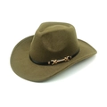 Detail of vintage wool felt cowboy hat with black leather band and gold metal buckle - M (56-58cm) / Army Green