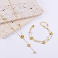 Ensemble collier trèfle doré double couche et bracelet perles avec cristaux brillants - Collier + Bracelet