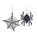 Detail of asymmetrical black acrylic Halloween earrings featuring spider and spider web shapes - Asymmetric Spider and Web