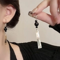 Detail of silver bamboo earrings with black beads and long geometric shell pendants - 10# Ear Buckle-Black