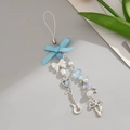Blue bow phone charm with star and guitar pendants on beaded chain with green leaves - 12 White K 0215